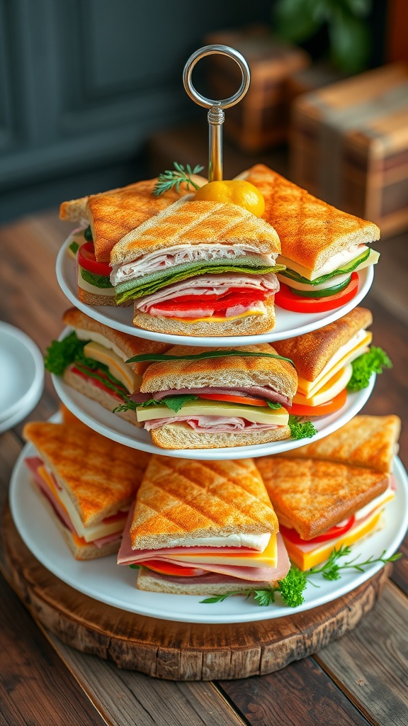 A 3-tier sandwich tray featuring various sandwiches with meats, cheeses, and vegetables, beautifully presented for a party.